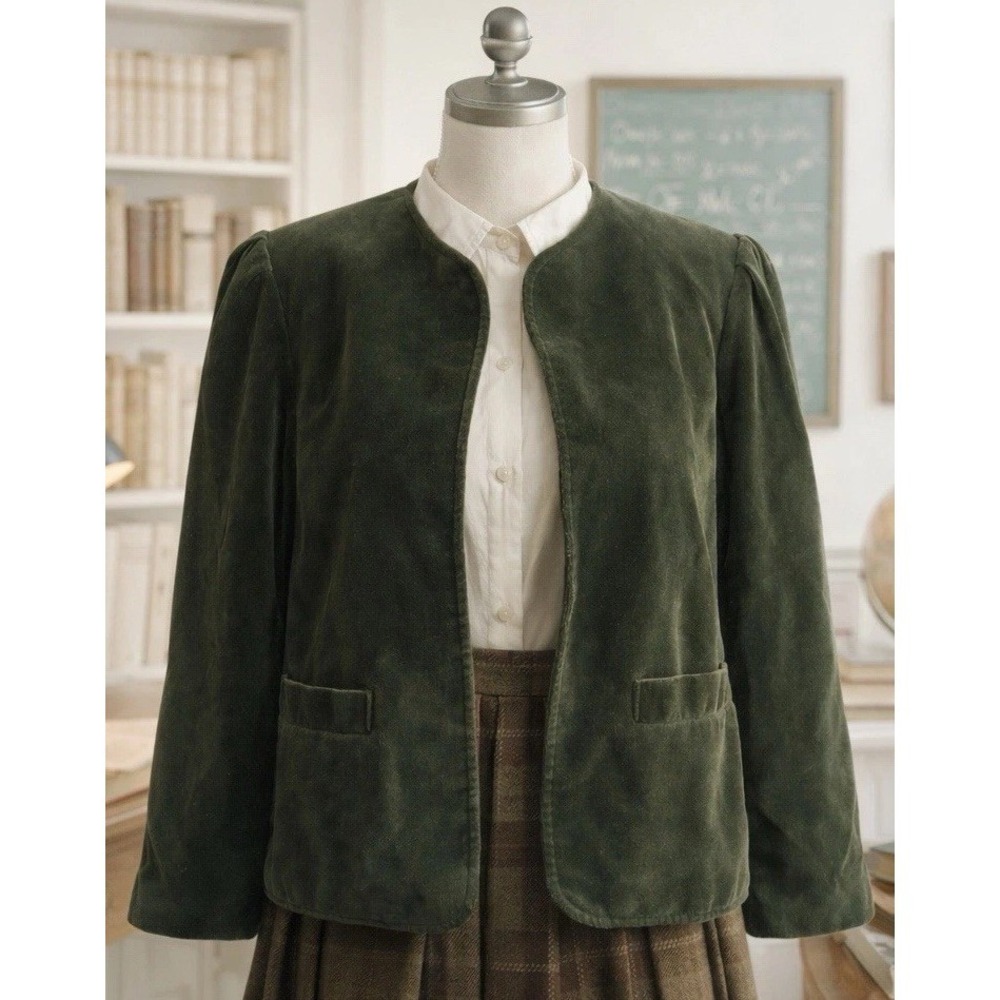 vtg 80s Koret Velvet Blazer Women M? Olive Green Puff Sleeve Academia Read‎